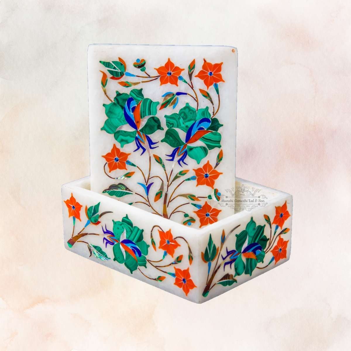 Orange and Green Colour Designed White Marble Jewellery Box